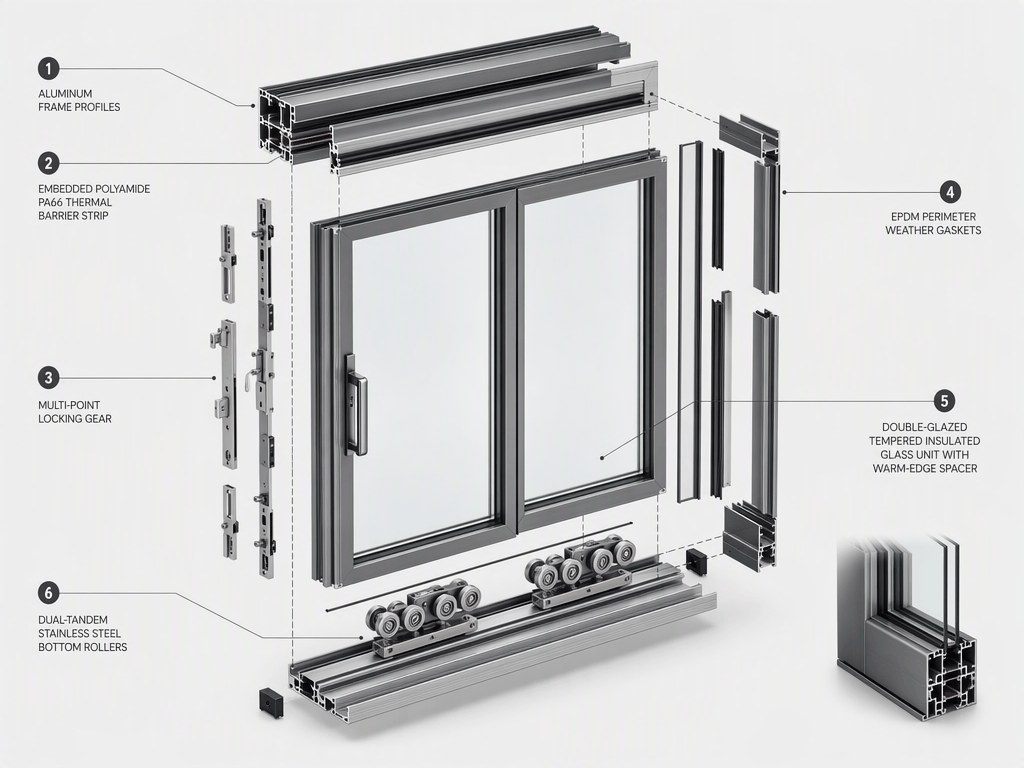 Heavy Duty Aluminum Glass Pivot Door - Engineered Exploded View & Profile Assembly