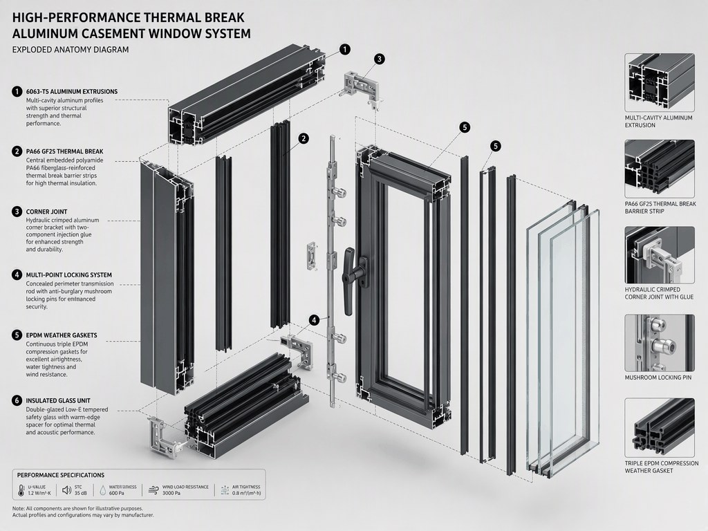 Powder Coated Sliding Window - Thermal Break Window Exploded Component Anatomy