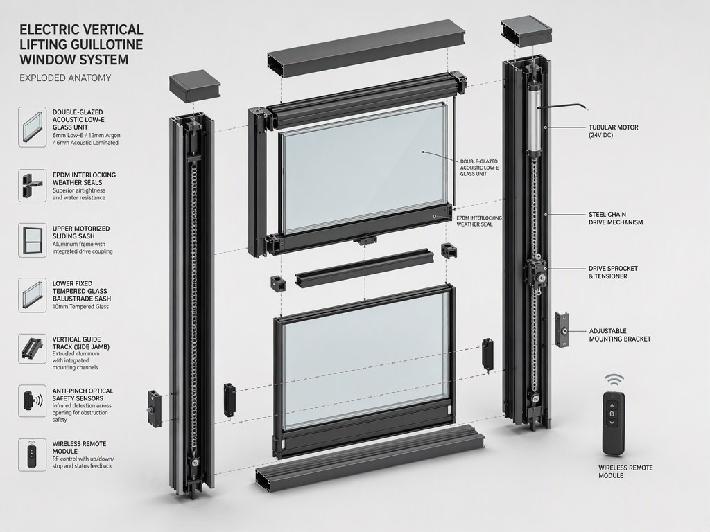 Exploded mechanical anatomy of motorized vertical telescopic guillotine glass window