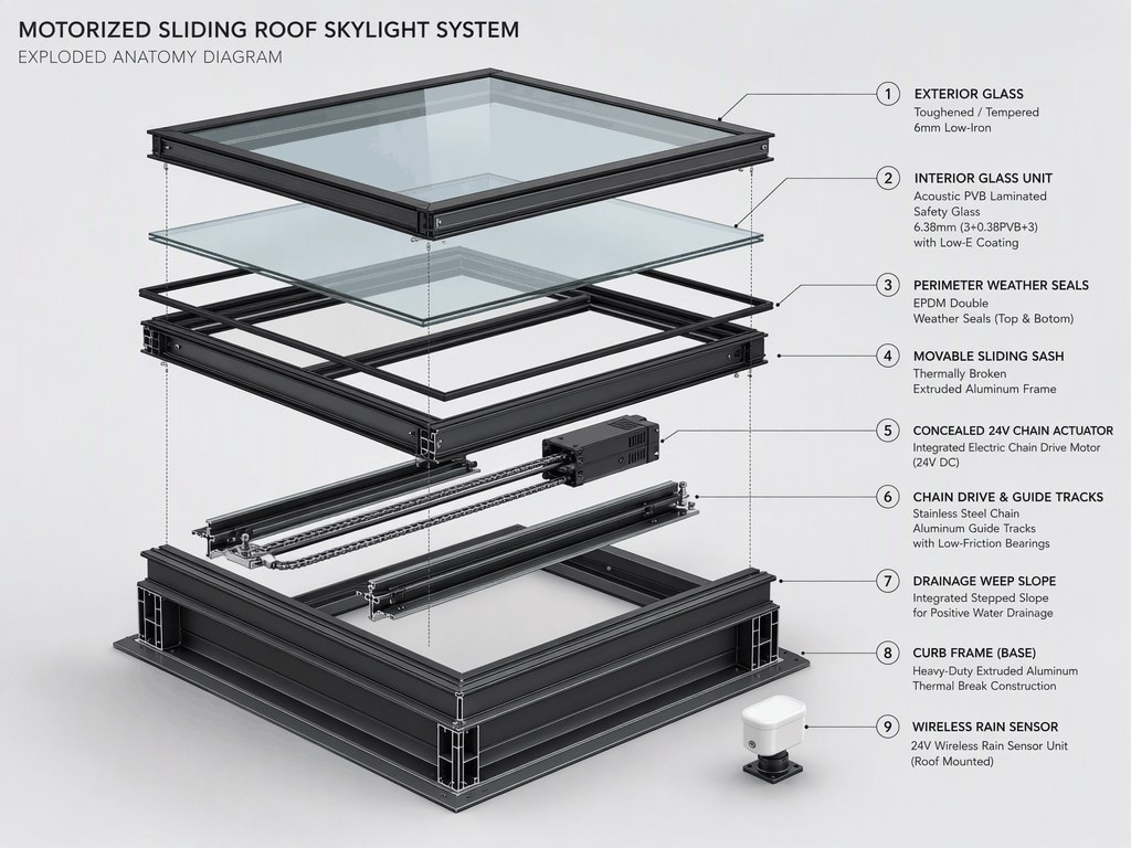 Roof Access Exit Hatch Skylight - Motorized Skylight Exploded Component Anatomy