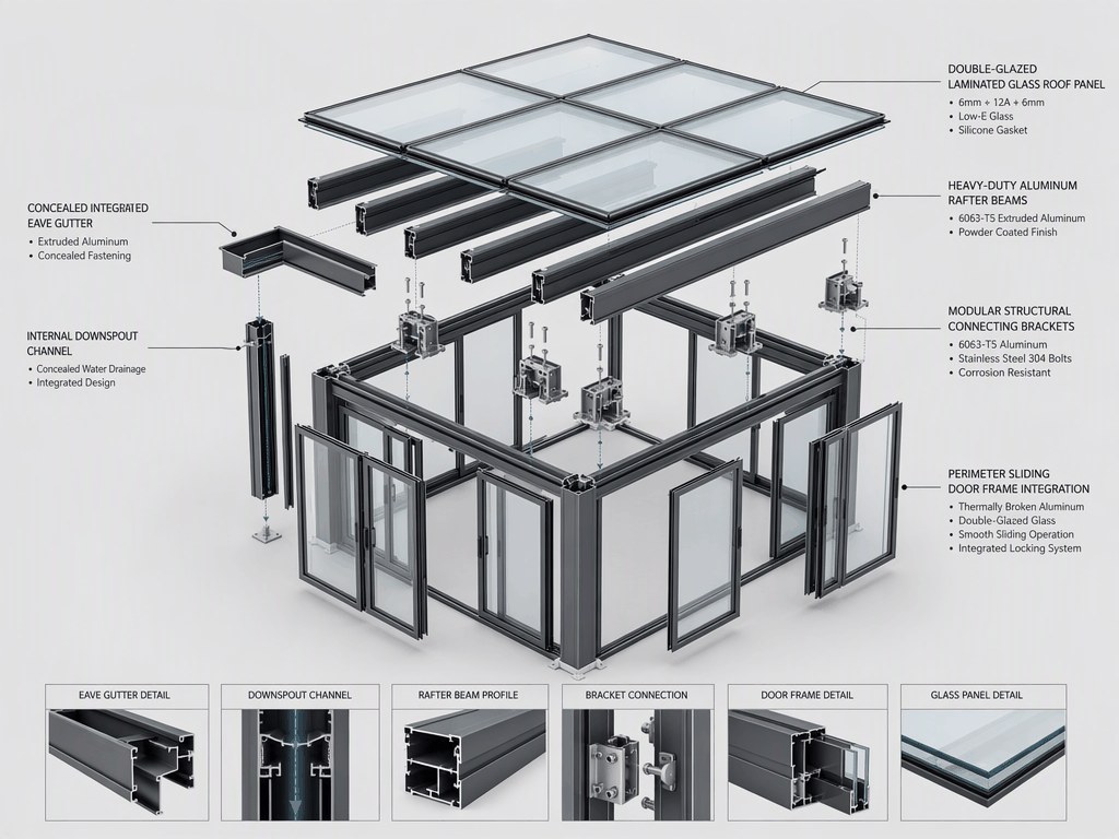 Heavy Snow Load Rated Pyramidal Hip Roof Glas - Modular Sunroom Structural Exploded Anatomy