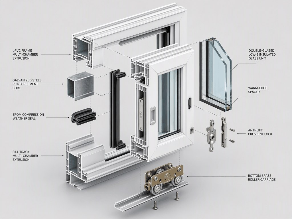 Secure UPVC Sliding Window - uPVC Multi-Chamber Exploded Component Anatomy
