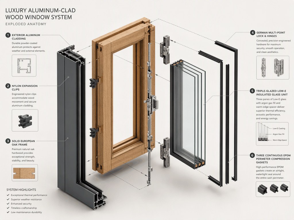 Bespoke Villa Aluminum Clad Wood Window - Wood-Aluminum Joinery Exploded Anatomy
