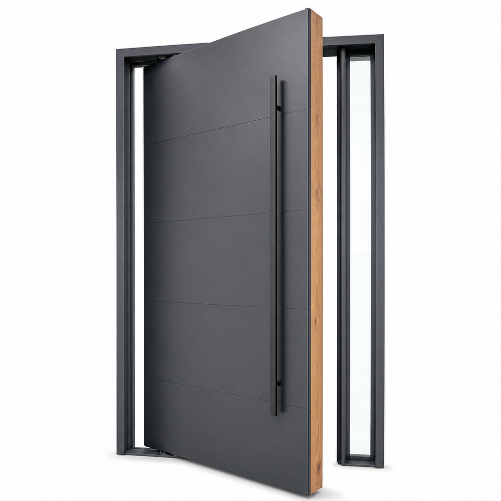 Monumental architectural pivot entrance door with concealed heavy-duty hydraulic floor hinge